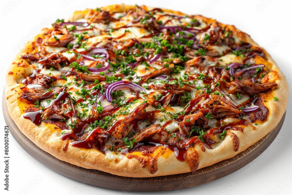 BBQ pizza topped with plant based pulled pork, red onions, and fresh herbs on a wooden platter BBQ pizza topped with plant based pulled pork, red onions, and fresh herbs on a wooden platter