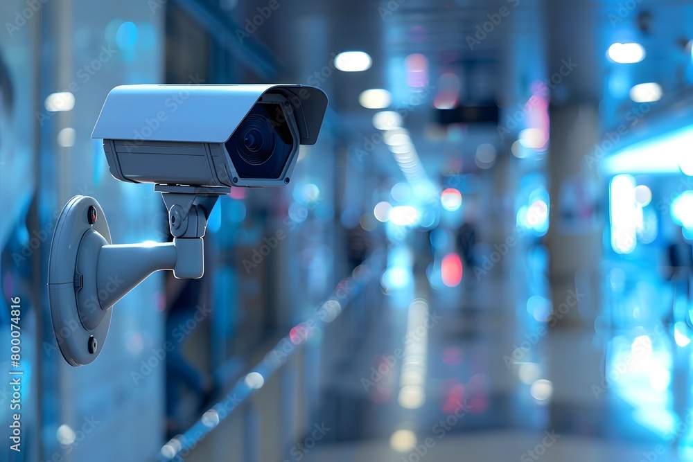 A modern security camera mounted on a wall, focusing down a brightly illuminated corridor with blue lights A modern security camera mounted on a wall, focusing down a brightly illuminated corridor with blue lights