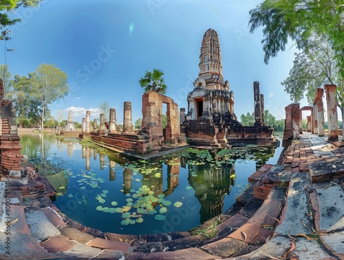 Panoramic view of the Sukhothai temple ruins, ancient Thai structures photo