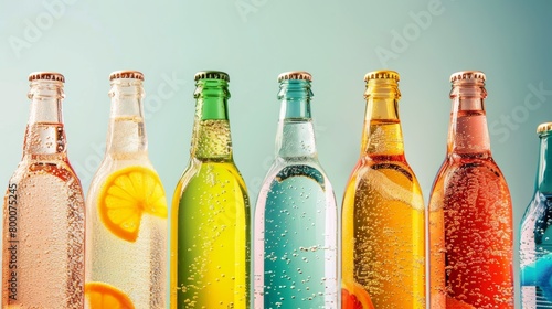 Vibrant close-up of assorted sparkling and still water bottles, featuring both plain and flavored varieties, set against a pristine isolated background with studio lighting.