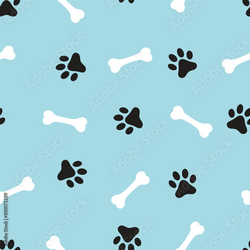 Dog, cat paw and bone seamless pattern vector illustration. Animal, pet, wallpaper, blue background