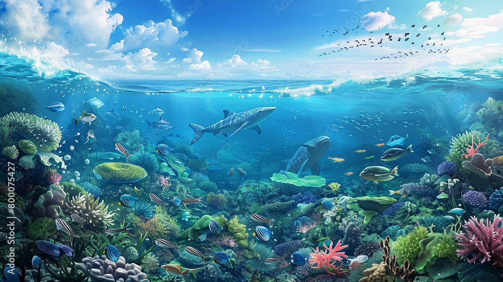 Obraz premium beautiful beach and blue sea polluted by waste plastic, dolphins and turtles in a polluted ocean conditions