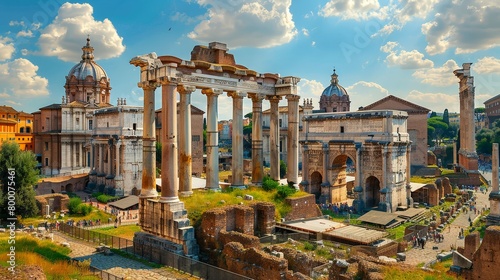 Panoramic view of the Roman Forum's ancient ruins, iconic Roman site