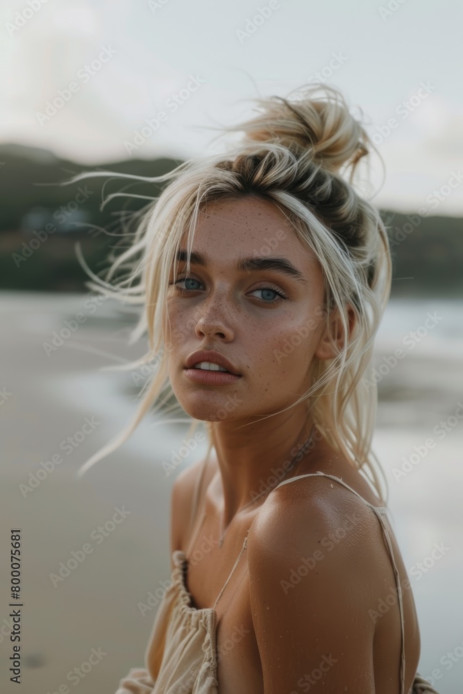 Portrait of blonde beautiful woman posing on the beach Portrait of blonde beautiful woman posing on the beach