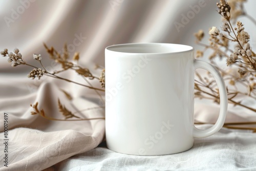 White Blank Mug Mockup in Photographic Scene created with Generative AI (ID: 800075697)