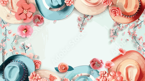 Frame made of summer hats with jewelry on light background
