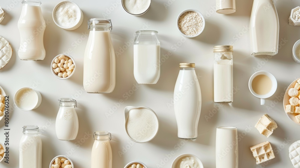 Top view of a collection of dairy and vegan milk options, each in unique containers reflecting their source, against a clean, isolated backdrop Top view of a collection of dairy and vegan milk options, each in unique containers reflecting their source, against a clean, isolated backdrop