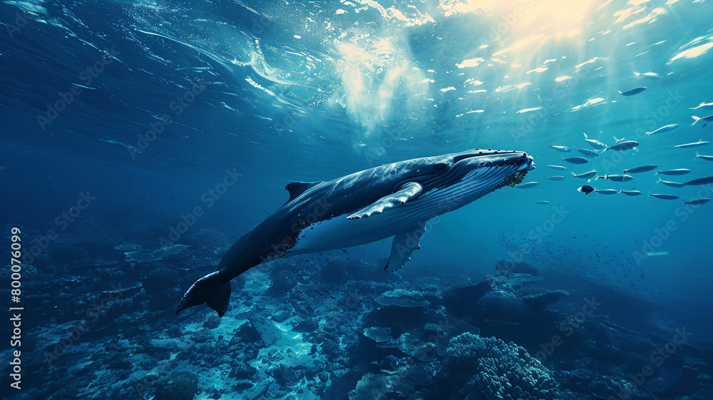 Fototapeta premium beautiful beach and blue sea polluted by waste plastic, dolphins and turtles in a polluted ocean conditions