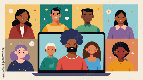 A Zoom call with family and friends sharing stories and memories of Juneteenth celebrations from their own communities.. Vector illustration