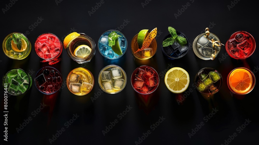 Drinks Display Texture Top shot of a vibrant collection of mixed drinks, from colorful ...