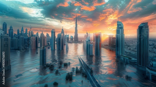 Dramatic scene of a city skyline partially submerged in water during a stunning sunset Dubai Rain photo