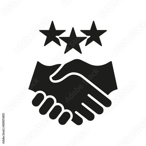 Customer Satisfaction Silhouette Icon. Handshake With Stars Glyph Pictogram. Appreciation And Partnership. Client Review Sign. Business Communication And Support Symbol. Isolated Vector Illustration