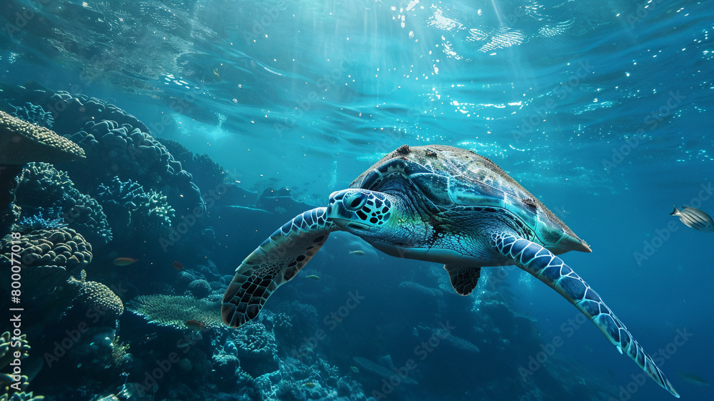 Fototapeta premium beautiful beach and blue sea polluted by waste plastic, dolphins and turtles in a polluted ocean conditions