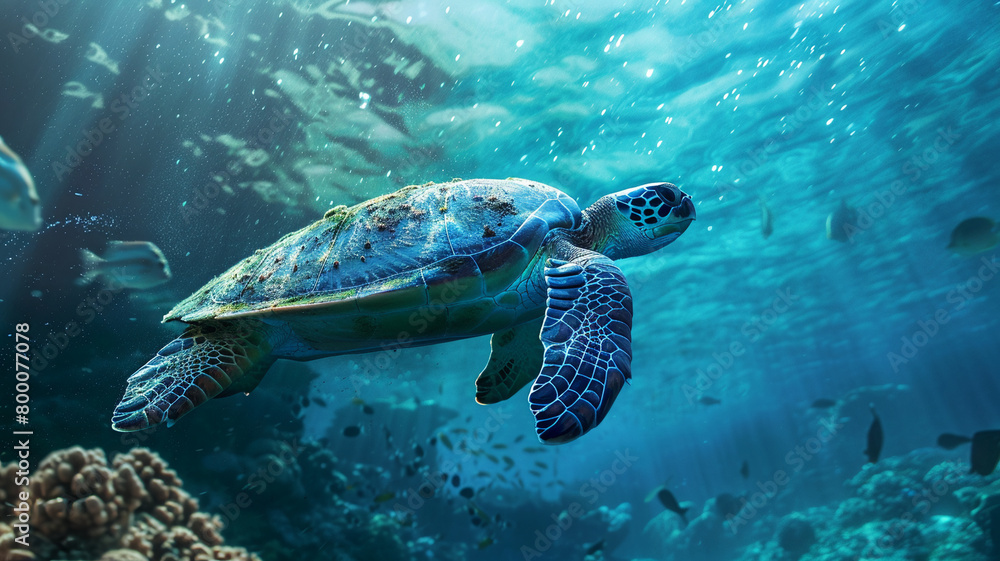 Fototapeta premium beautiful beach and blue sea polluted by waste plastic, dolphins and turtles in a polluted ocean conditions