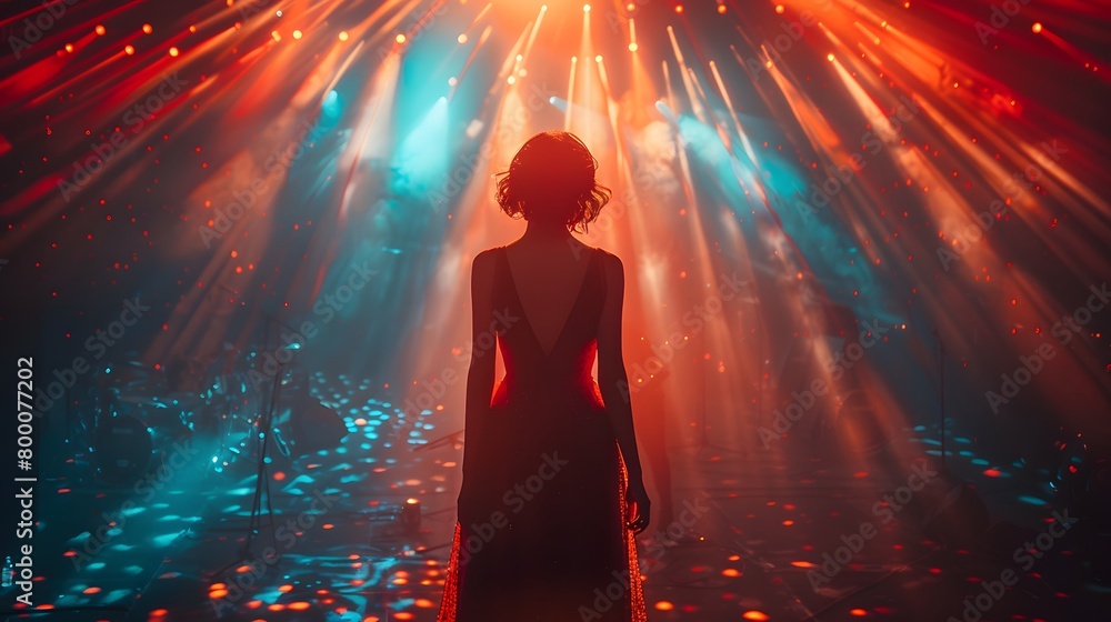 the enchanting silhouette of a female performer as she pours her heart into every note, surrounded by a breathtaking display of dynamic stage lights