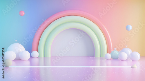 3d rendering of colorful rainbow background wall with birthday party decoration, rainbow colors, empty wall mock up, birthday invitation, greeting card   © Diana Zelenko