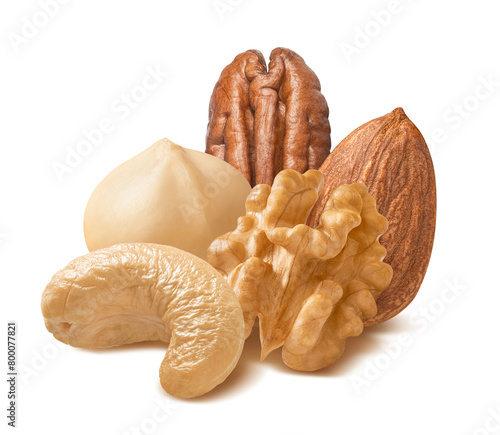 Pecan, walnut, macadamia, cashew and almond nuts isolated on white background © kovaleva_ka