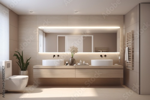 Interior of modern bathroom with beige walls  wooden floor  white bathtub and sink with mirror above it
