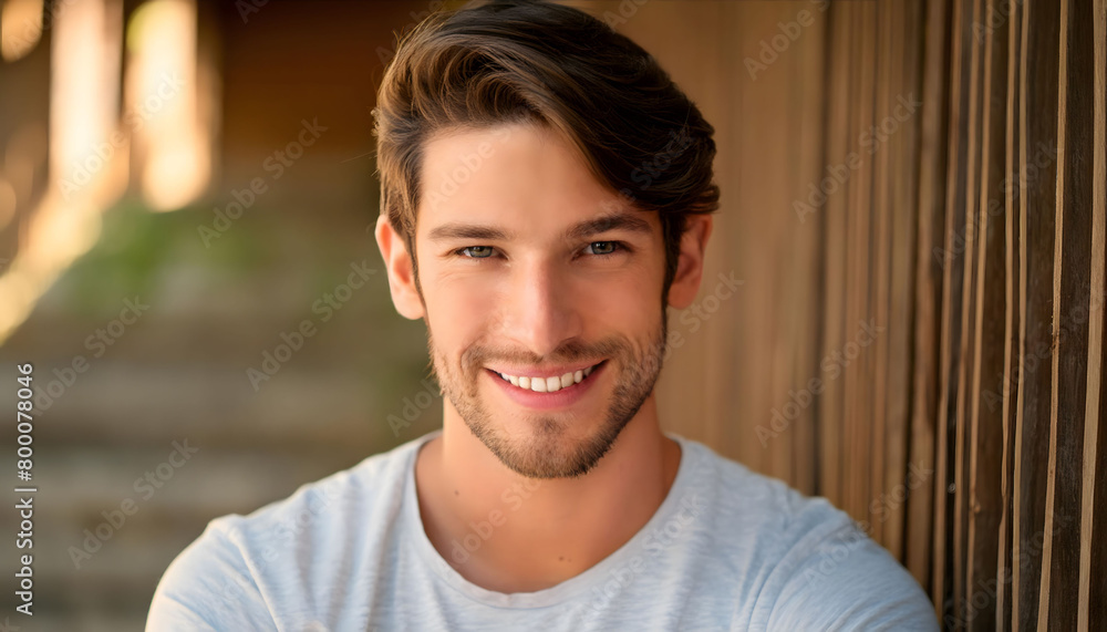 The handsome young man smiling towards the camera in close-up The handsome young man smiling towards the camera in close-up