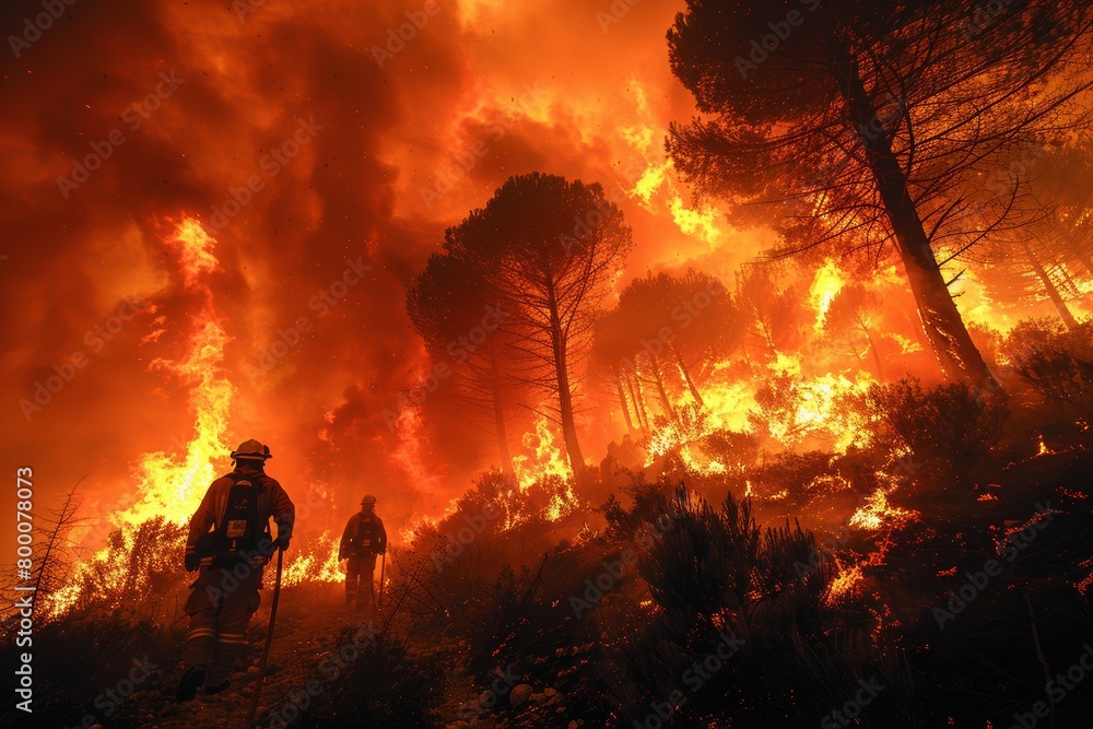 Intense firefighting scene with forest fire in the distance Intense firefighting scene with forest fire in the distance