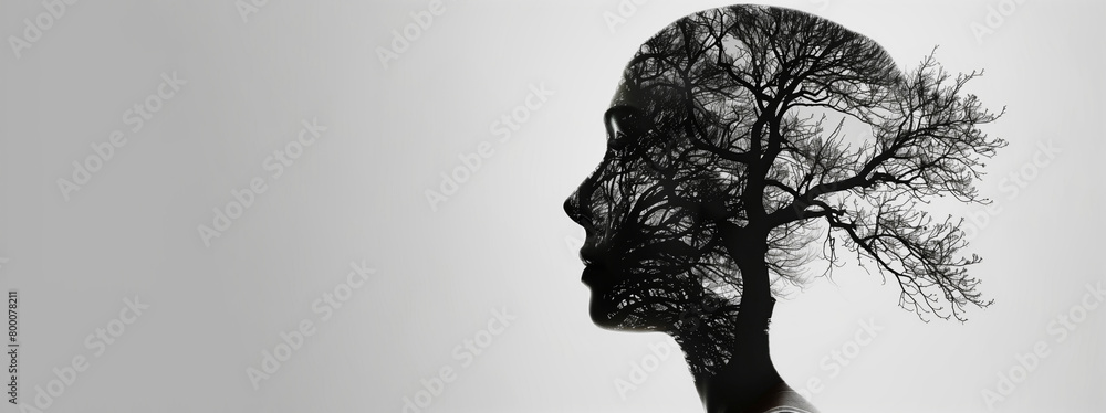 A woman's face is shown in a tree shape. Concept of introspection and ...