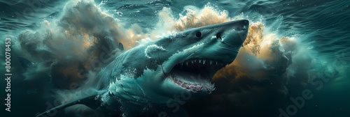 Underwater turmoil  Great white shark amid a stormy oceanic landscape
