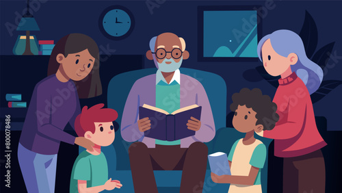 In a dimly lit living room a family gathers around an elderly man as he reads from a tattered notebook his voice filled with emotion as he recounts. Vector illustration
