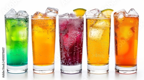 Soft drink assortment in clear glasses, dynamic colors, isolated on pure white, perfect lighting to enhance appeal