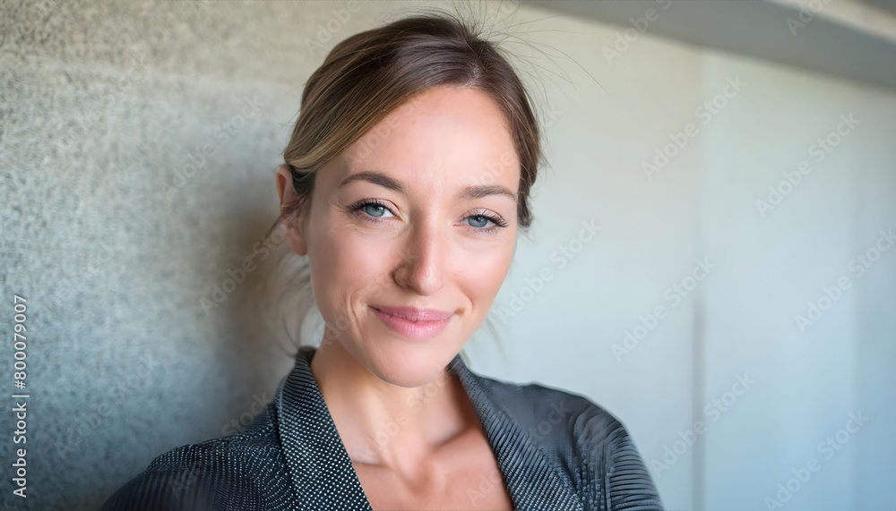 The attractive middle-aged woman with colorful eyes, smiling towards the camera in close-up