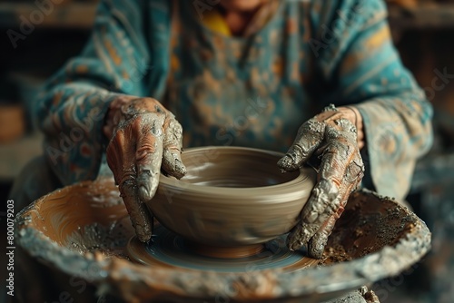 An elderly potter deploys top-of-the-line equipment in an artist's studio to develop a ceramic bowl over a pottery wheel in-depth lovely bowl and space, Generative AI.