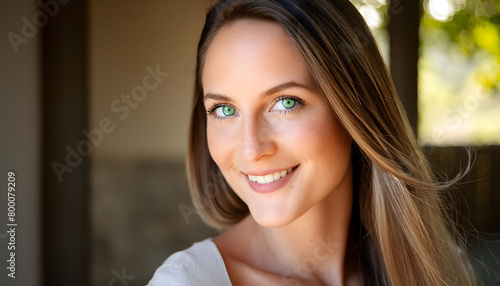 The attractive young woman with colorful eyes, smiling towards the camera in close-up