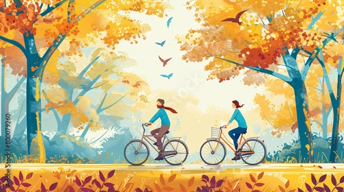 active, family, riding, bike, forest, park, vector, flat, illustration, mother, father, daughter, son, cycling, together, parents, kids, enjoying, healthy, lifestyle, recreational, outdoor, activity
