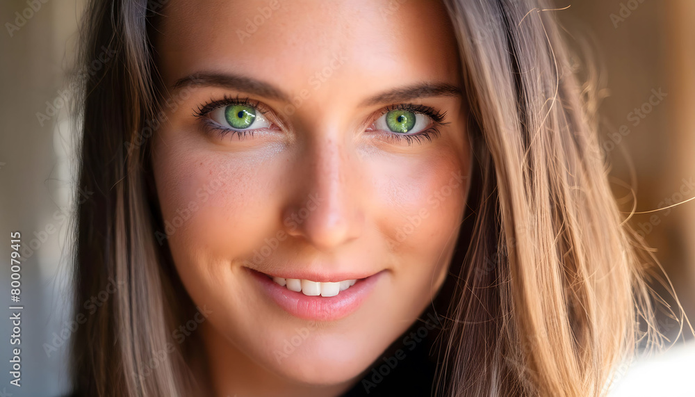 The attractive young woman with colorful eyes, smiling towards the camera in close-up The attractive young woman with colorful eyes, smiling towards the camera in close-up