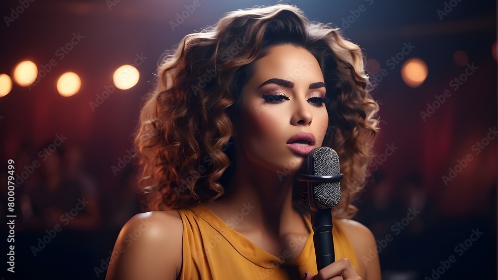 8K photo of a professional female singer with a microphone 8K photo of a professional female singer with a microphone