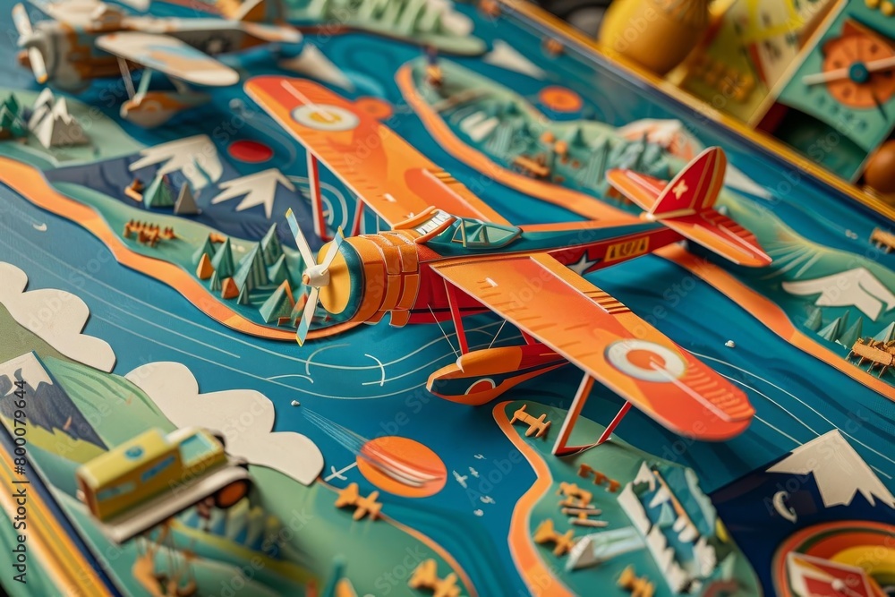 Fototapeta premium Design a dynamic Birds-eye View board game cover showcasing adventurous aviation milestones , whimsical style with paper-cut illustration and 3D elements