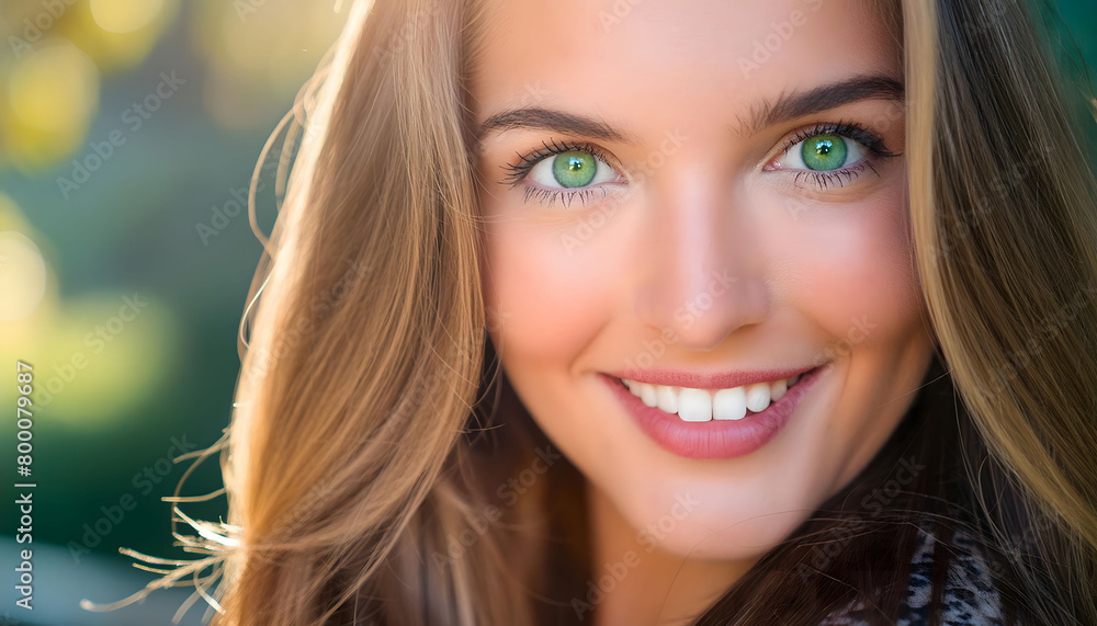 The attractive young woman with colorful eyes, smiling towards the camera in close-up The attractive young woman with colorful eyes, smiling towards the camera in close-up