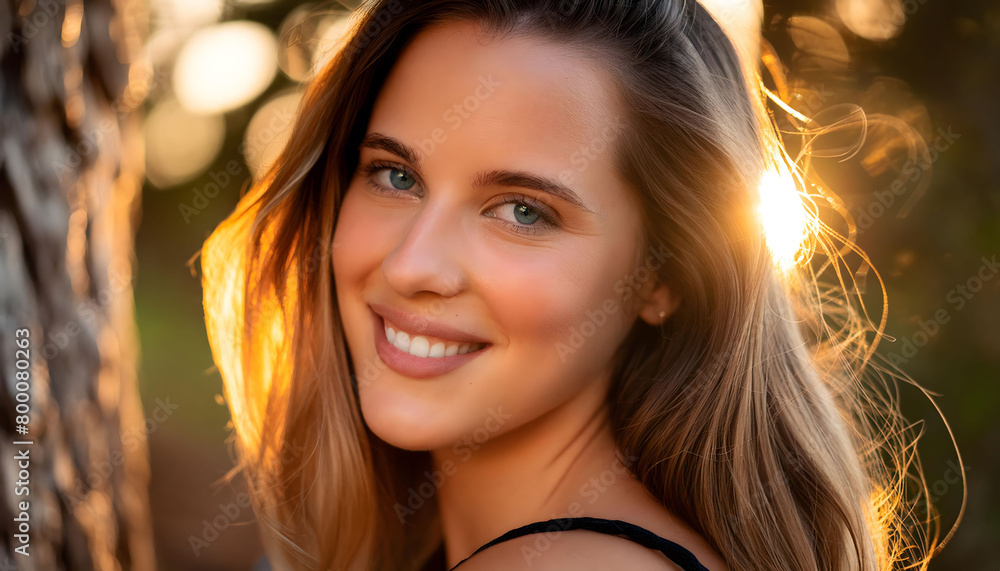 Fototapeta premium The attractive young woman with colorful eyes, smiling towards the camera in close-up