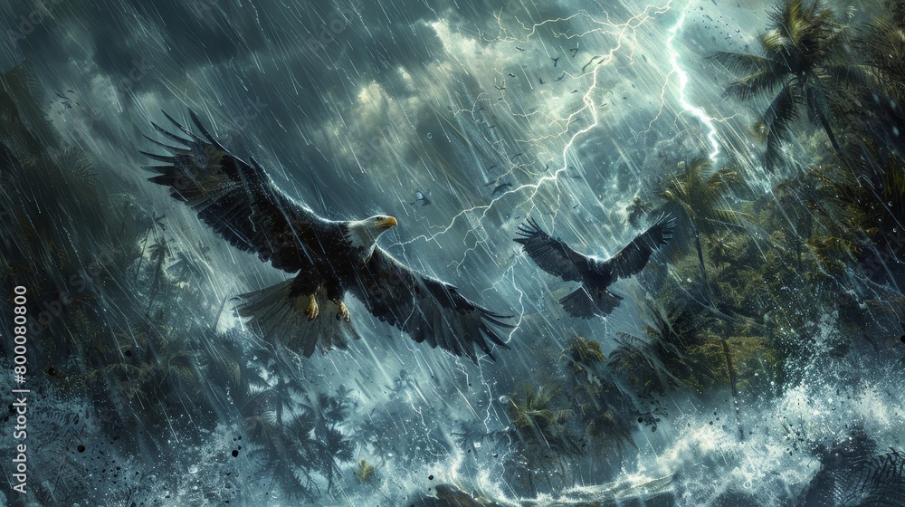 Obraz premium Three birds are flying in the rain, with one of them being an eagle