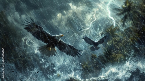 Three birds are flying in the rain, with one of them being an eagle