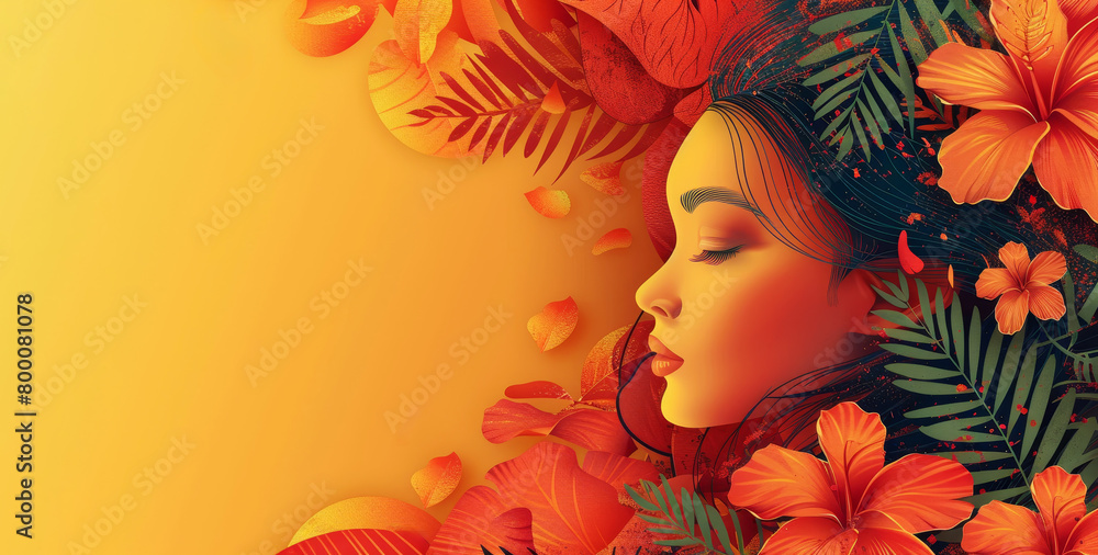 Portrait of a woman surrounded by tropical flowers and leaves in vibrant colors