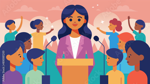 A young girl stands at a podium confidently presenting her argument on what freedom means to her. Behind her a diverse audience of her peers looks on. Vector illustration