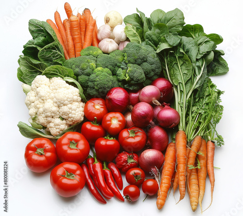 Colorful display of assorted fresh vegetables on white