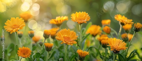 A Beautiful orange color calendula flowers among nature with a big space for text or product background, Generative AI. photo
