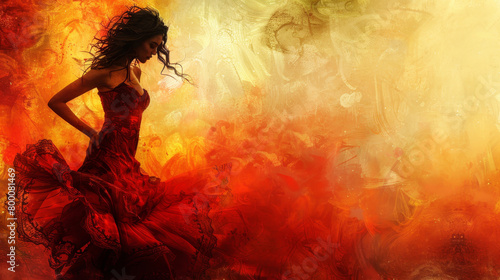 Elegant Spanish woman performs passionate Flamenco dance in vibrant, fiery setting