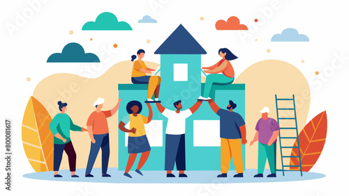 Community members coming together to build a new community center symbolizing their commitment to creating safe and inclusive spaces for all to. Vector illustration