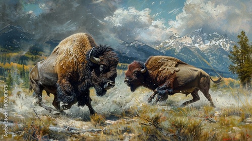 Two buffalo are fighting in a field