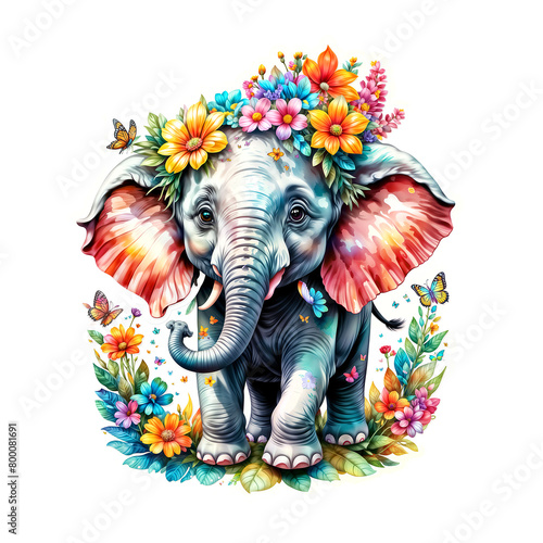 Elephant Sticker Colorful Elephant Bliss A Bouquet of Joy Surrounds the Cartoon Elephant Sticker on Transparent Background, Adorned with Vibrant Flowers and Rainbow Butterflies - Generative AI 