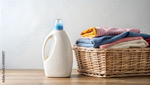mockup of a washing powder bottle on a wicker basket with clothes