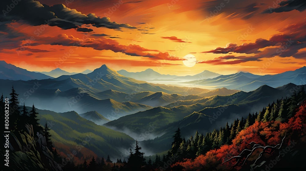 A sunset over a valley with mountains and clouds