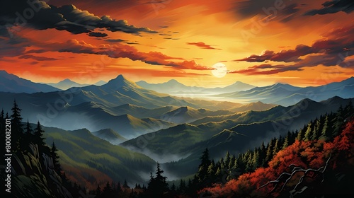 A sunset over a valley with mountains and clouds